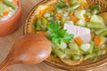 Pork soup with vegetables and rice, close-up. Royalty Free Stock Photo