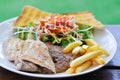 pork steak and chicken steak with French fries ,bread and salad or grilled pork and grilled chicken with fried potato Royalty Free Stock Photo