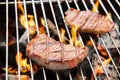 Pork steak cooking over flaming grill. Royalty Free Stock Photo