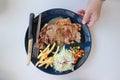 Pork steak with French fries and salad