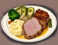 Pork steak, mashed potatoes, pickles with garnish Royalty Free Stock Photo