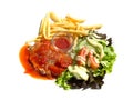 Pork steak in tomato sauce with salad and french frie