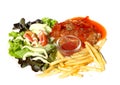 Pork steak in tomato sauce with salad and french frie