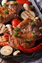 Pork steak with vegetables on grill. vertical top view macro Royalty Free Stock Photo