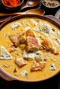 Pork stew with pickles, and blue mold cheese Royalty Free Stock Photo