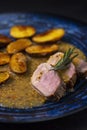 pork tenderloin with baked potatoes and French coarse mustard sauce Royalty Free Stock Photo