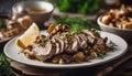 Pork tenderloin with mushrooms, generative ai