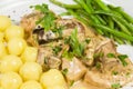 Pork tenderloin with potatoes and wild mushroom sauce and green beans on white plate Royalty Free Stock Photo