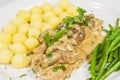 Pork tenderloin with potatoes and wild mushroom sauce and green beans on white plate Royalty Free Stock Photo