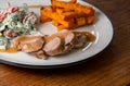 Pork tenderloin with salad served on a white plate side view Royalty Free Stock Photo