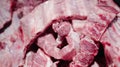 Pork on Tray in Supermarket, Raw Food. Closeup