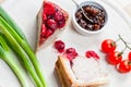 Pork and turkey pie with cranberries, chutney and tomatoes