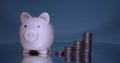 A porky bank with coins on a grey background.