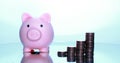 A porky bank with coins on a white background.