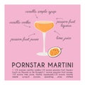 Pornstar Martini Cocktail garnished with passion fruit. Classic alcoholic beverage recipe modern square print with
