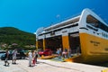 Poros, Cephalonia island, Greece - July, 17 2019: A disembarkation of cars and passengers from a ferry boat of Levante