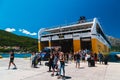 Poros, Cephalonia island, Greece - July, 17 2019: Disembarkation of cars and passengers from ferry boat of Levante Royalty Free Stock Photo