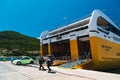 Poros, Cephalonia island, Greece - July, 17 2019: Disembarkation of cars and passengers from ferry boat of Levante Ferries Group Royalty Free Stock Photo