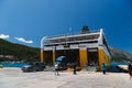 Poros, Cephalonia island, Greece - July, 17 2019: A disembarkation of cars and passengers from a ferry boat of Levante