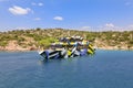 POROS, GREECE - MAY 27, 2018: Luxury yacht off the coast of the island of Poros in Greece