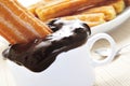 Porras, thick churros typical of Spain, dipped in hot chocolate