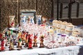 Siurells, typical Majorcan hand painted clay figures with a whistle, for sale on Porreres Market. Majorca, Spain