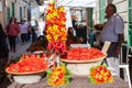 Sun-dried cherry tomatoes and pepper bouquets for sale on Porreres Market. Porreres, Majorca