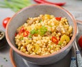 Porridge from Turkish couscous with beef and vegetables. Royalty Free Stock Photo