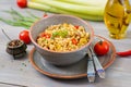 Porridge from Turkish couscous with beef and vegetables. Royalty Free Stock Photo