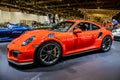 Porsche 911 GT3 RS sports car showcased at the Brussels Expo Autosalon motor show. Belgium - January 12, 2016