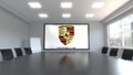 Porsche logo on the screen in a meeting room. Editorial 3D rendering