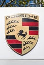 Porsche logo sign headquarters headquarter Stuttgart Zuffenhausen Germany portrait format