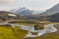 Porsmork valley and river with snowy volcanic landscape. Iceland