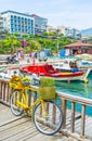 The port of Alanya with yellow bicycle Royalty Free Stock Photo