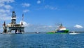 PORT ARANSAS, TX - 05 MAR 2017: Oil Drilling platform being towed