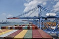 Port of Busan, South Korea. Container ships in the port under the gantry cranes.