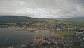 Port citycsape with modern, historic buildings at ocean bay aerial. Ships, yachts at pier city