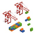 Port Crane and Loading Color Freight Container Isometric View. Vector Royalty Free Stock Photo