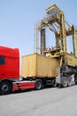 Port-crane lowering container Royalty Free Stock Photo