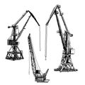 Port crane machinery Building Tower construction. Hand drawn sketch illustration. Black silhouette isolated on white backgraund. Royalty Free Stock Photo