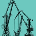 Port crane machinery Building Tower construction. Hand drawn sketch illustration. Black silhouette on light blue backgraund.