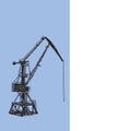 Port crane machinery Building Tower construction. Hand drawn sketch illustration. Black silhouette on white blue backgraund. Royalty Free Stock Photo