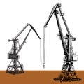 Port crane machinery Building Tower construction. Hand drawn sketch illustration. Black silhouette on white brown backgraund.