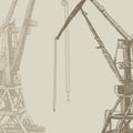 Port crane machinery Building Tower construction. Hand drawn sketch illustration. brown silhouette on brown beige backgraund.