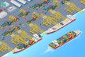 Port cranes in dock loading containers into cargo ship and unloading barge, shipping marine harbor warehouse isometric vector