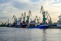 Port cranes and industrial ships in the cargo dock in Kherson. Landscape of the Dnieper River