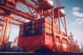 Port cranes loading containers on board a ship at cargo terminal of the seaport. Containers are stacked evenly and Royalty Free Stock Photo