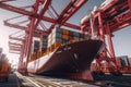 Port cranes loading containers on board a ship at cargo terminal of the seaport. Containers are stacked evenly and Royalty Free Stock Photo