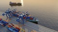 Port cranes loading containers on a cargo ship at the port. Elevated view. Digital 3D render