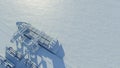 Port cranes loading containers on a cargo ship at the port. Elevated view. Digital 3D render with white material